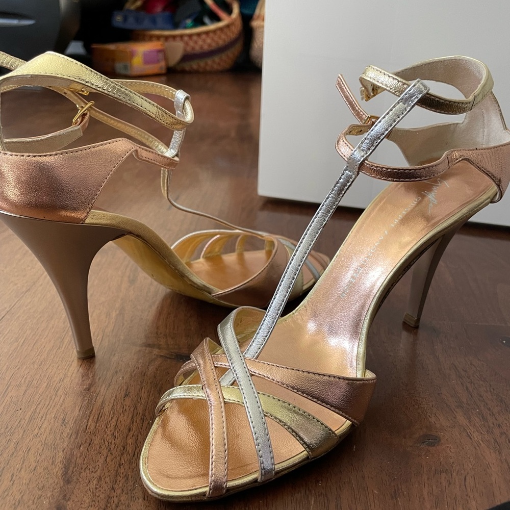 Giuseppe Zanotti:   Tri-Color: Gold, Silver and Rose Leather Heels, 7